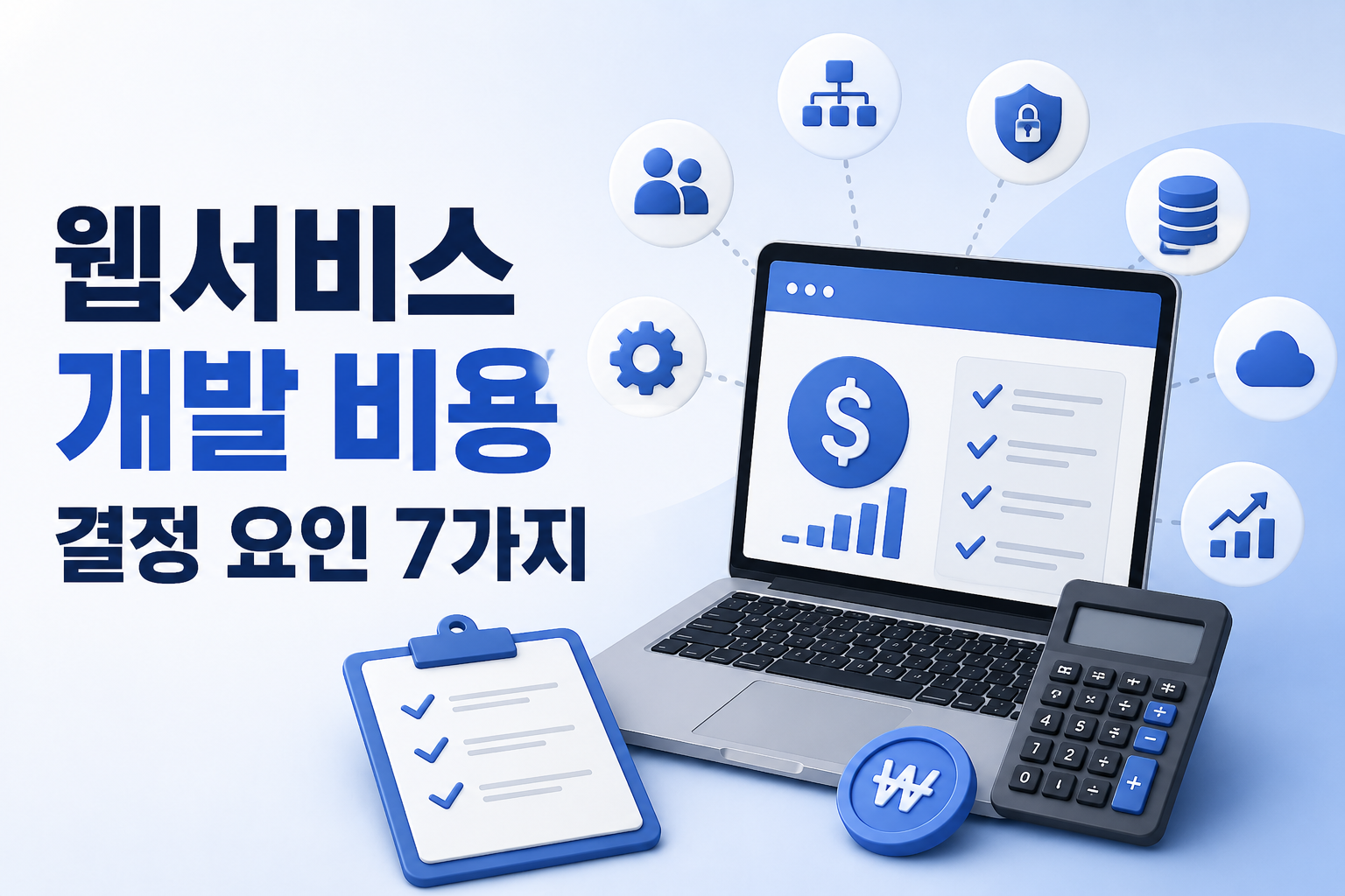 웹서비스 개발 비용을 결정하는 주요 요소와 개발 견적 체크리스트를 설명하는 이미지