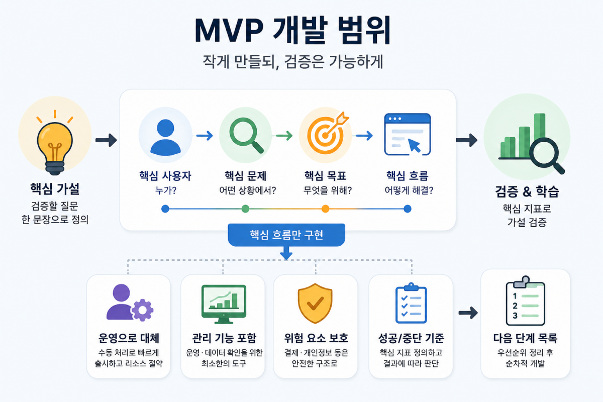 MVP 개발 범위 설정과 핵심 가설 검증 프로세스를 설명하는 다이어그램