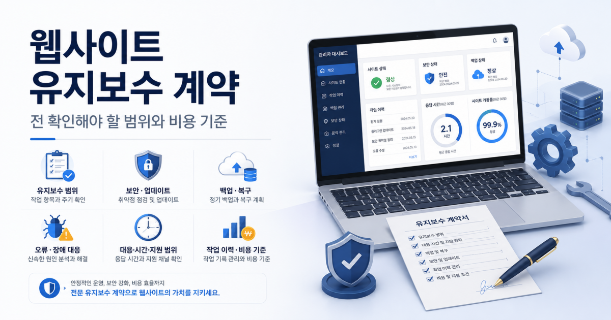 보안 업데이트, 백업 복구, 장애 대응, 작업 이력과 비용 기준을 설명하는 웹사이트 유지보수 계약 안내 이미지